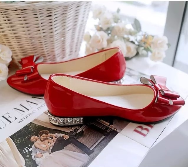 Red Korean Bow Low Heel Shoes