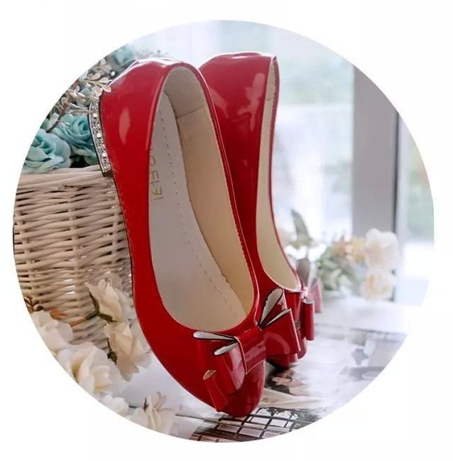 Red Korean Bow Low Heel Shoes