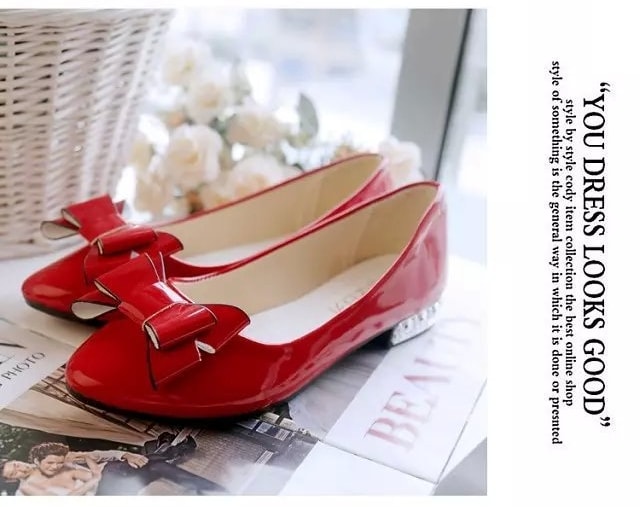 Red Korean Bow Low Heel Shoes