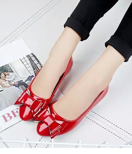 Red Korean Bow Low Heel Shoes