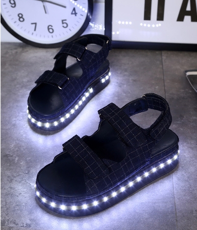 Black Velcro Plaid White LED Sandals - Female