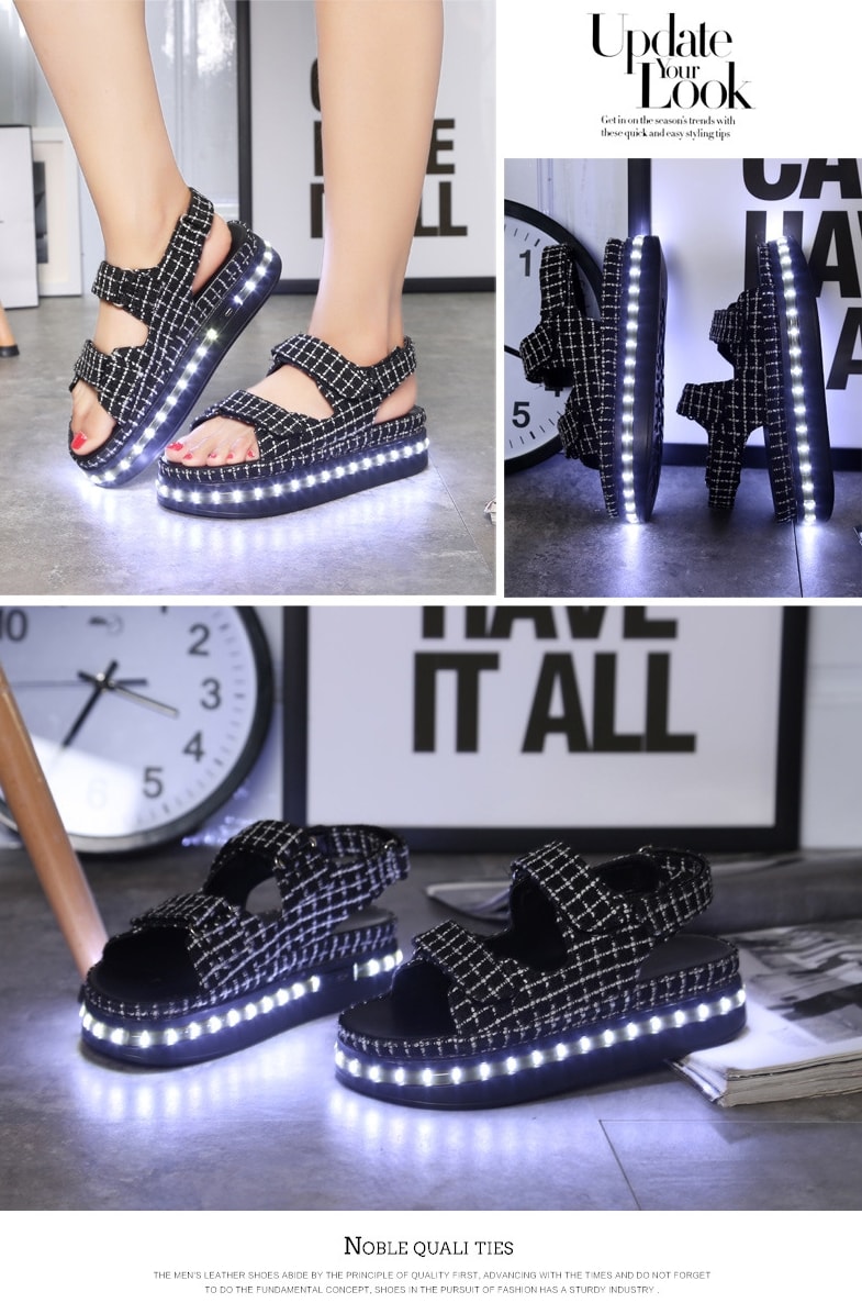 Black Velcro Plaid Blue LED Sandals - Female