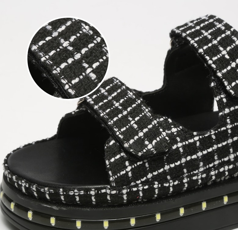 Black Velcro Plaid Blue LED Sandals - Female