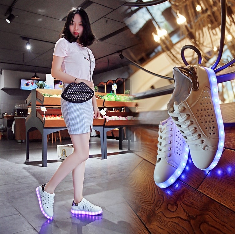 Gray Hollow Breathable LED Shoes - Female