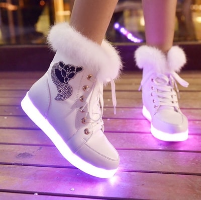 White Cute Fur Fashion LED Shoes - Female