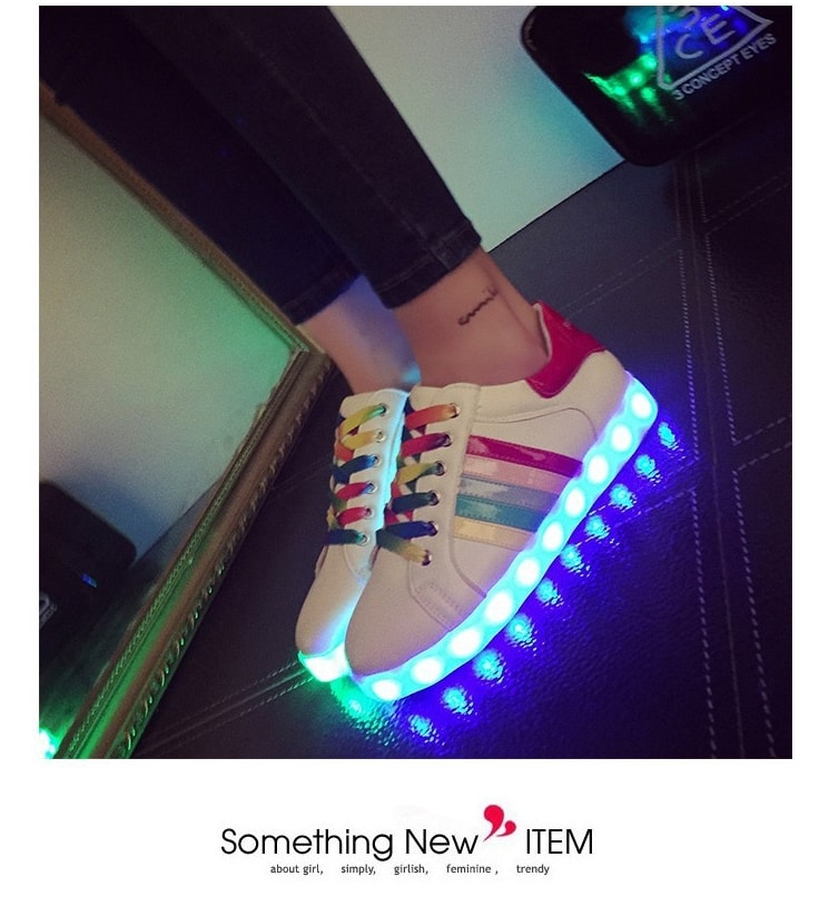 White Colorful Three Stripe LED SHoes - Female