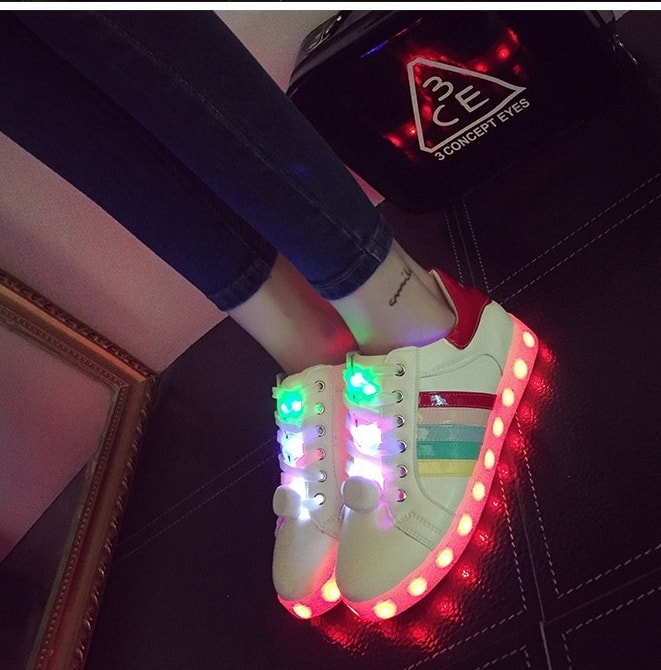 White Colorful Three Stripe LED SHoes - Female