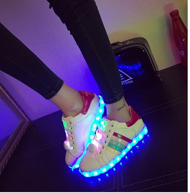 White Colorful Three Stripe LED SHoes - Female