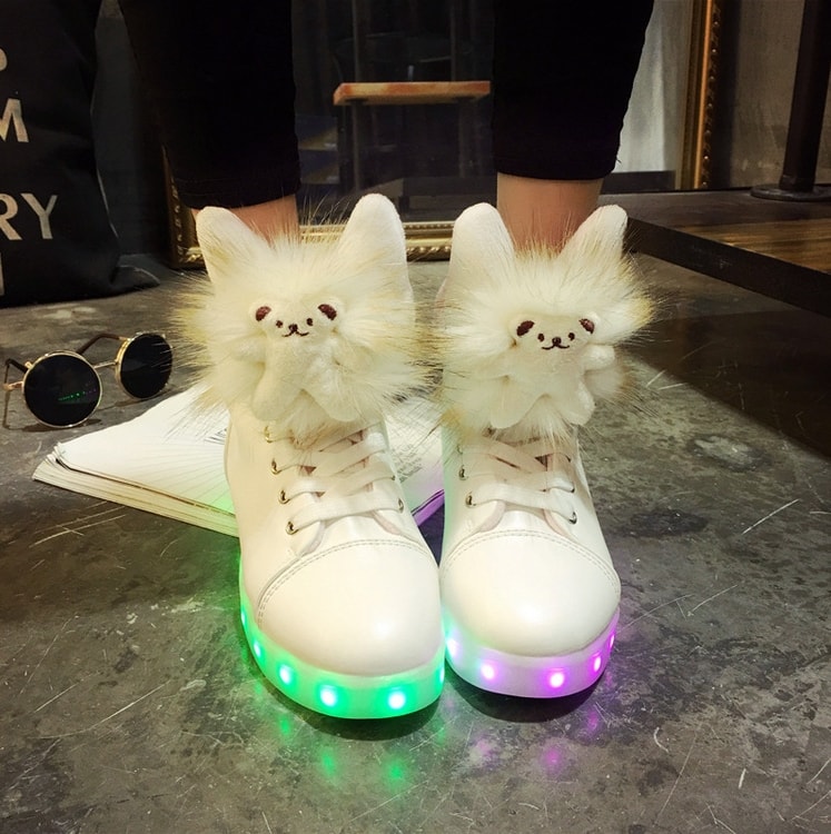 White Fluffy Fur & Bear LED Boots - Female