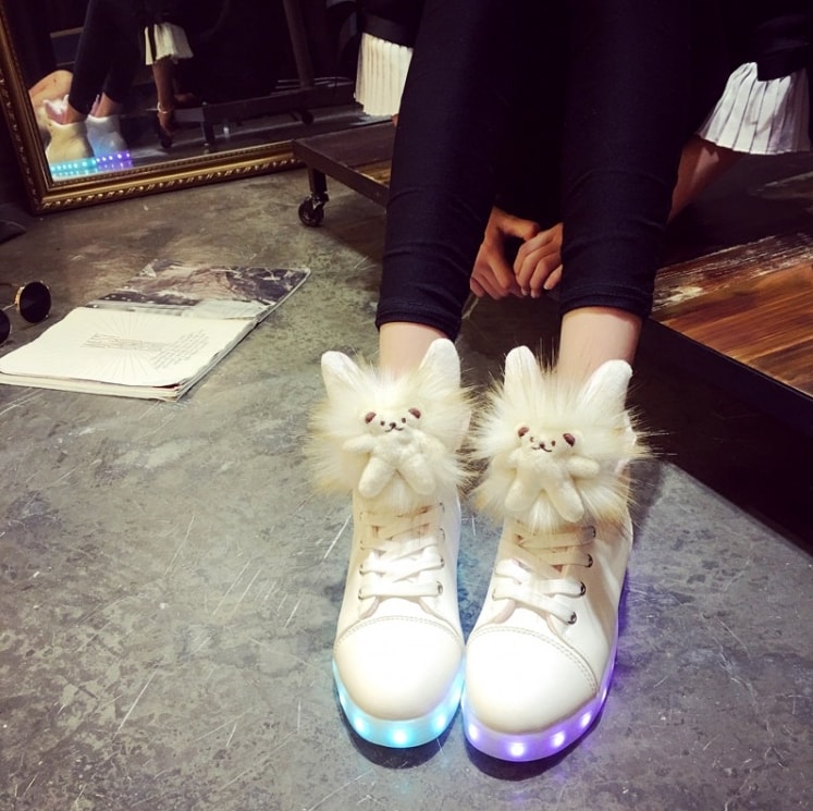 White Fluffy Fur & Bear LED Boots - Female