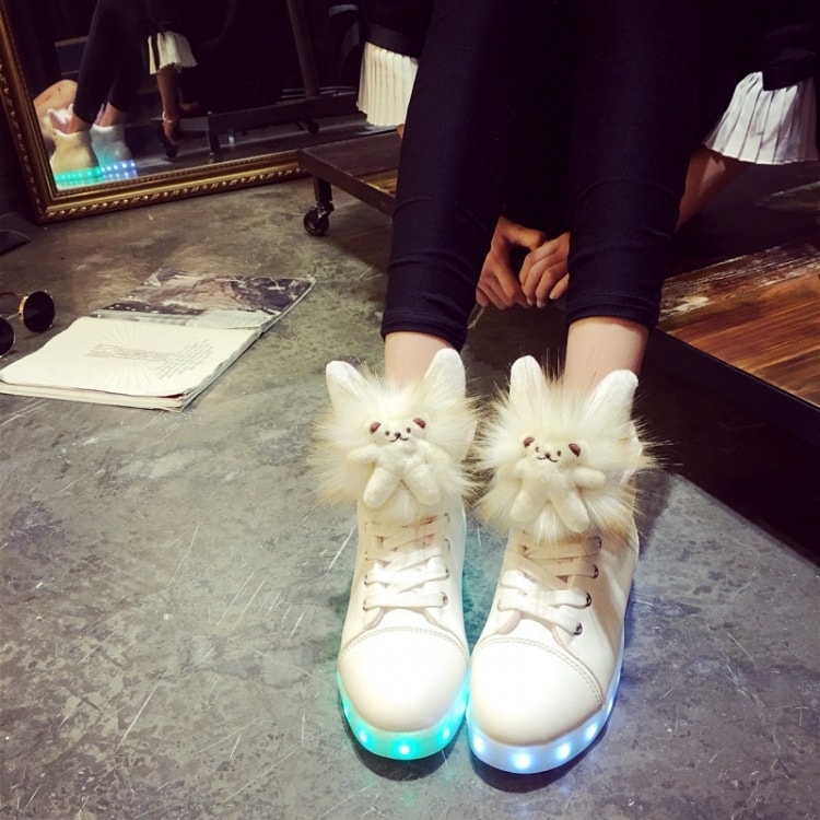 White Fluffy Fur & Bear LED Boots - Female