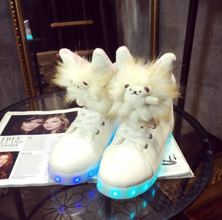 White Fluffy Fur & Bear LED Boots - Female