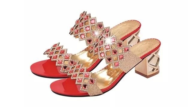 Red Mid Heel Rhinestone Shoes Import