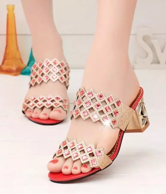 Red Mid Heel Rhinestone Shoes Import