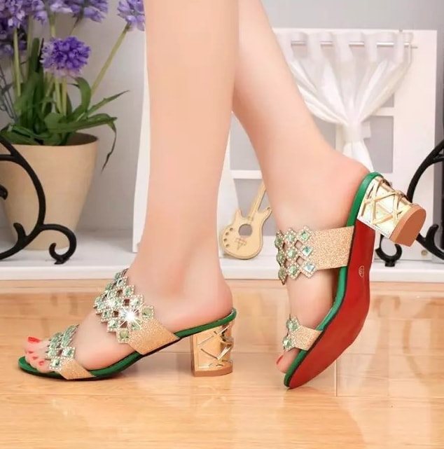 Green Mid Heel Rhinestone Shoes Import