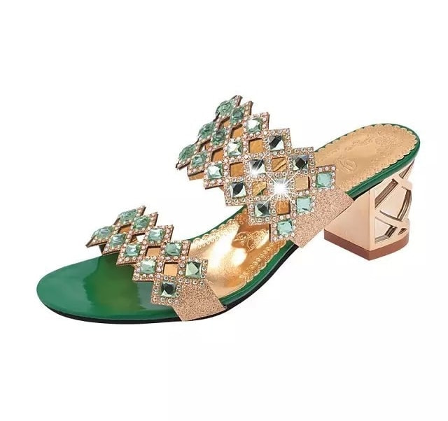 Green Mid Heel Rhinestone Shoes Import