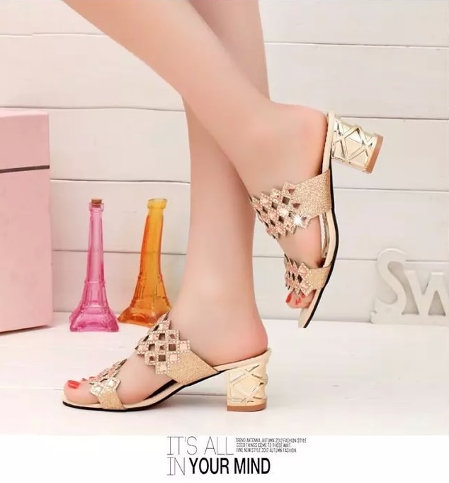 Beige Mid Heel Rhinestone Shoes Import