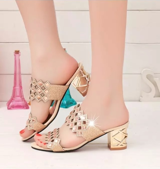 Beige Mid Heel Rhinestone Shoes Import