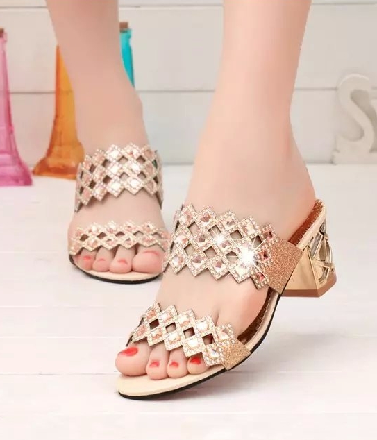 Beige Mid Heel Rhinestone Shoes Import