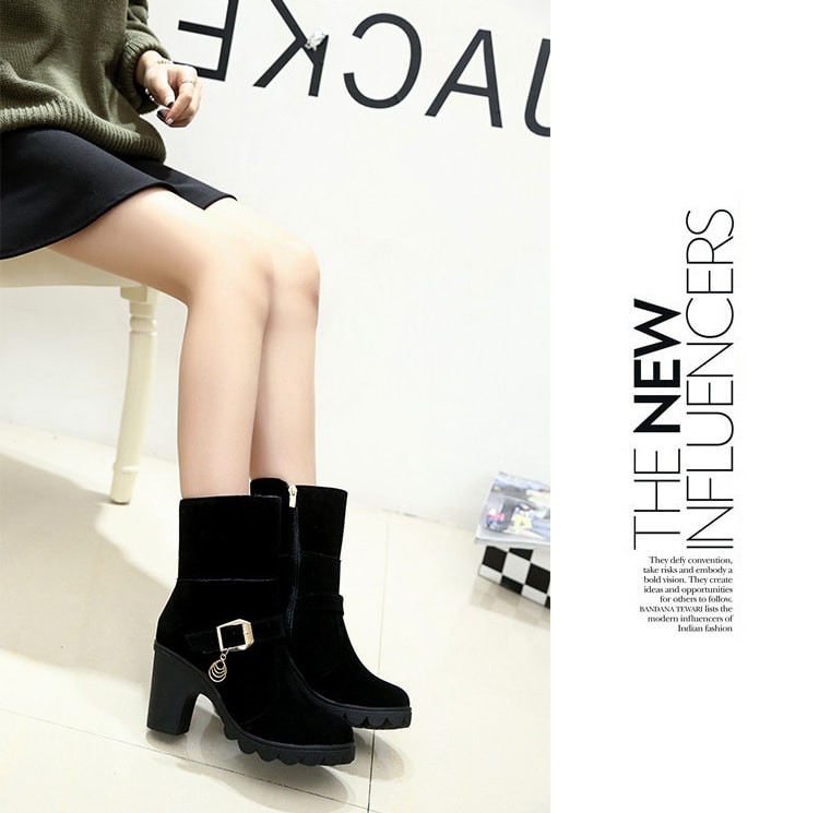 Black Suede Mid Heel Martin Boots Import