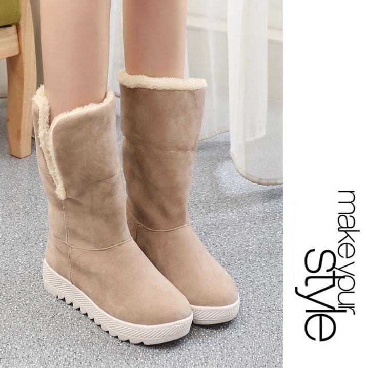 Beige Suede Flat Sole Boots Import