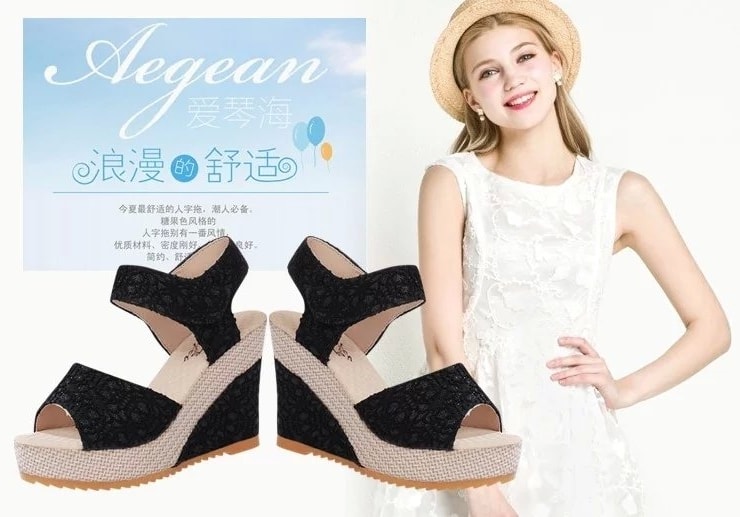 Black Velcro Heavy Bottom Lace Wedges