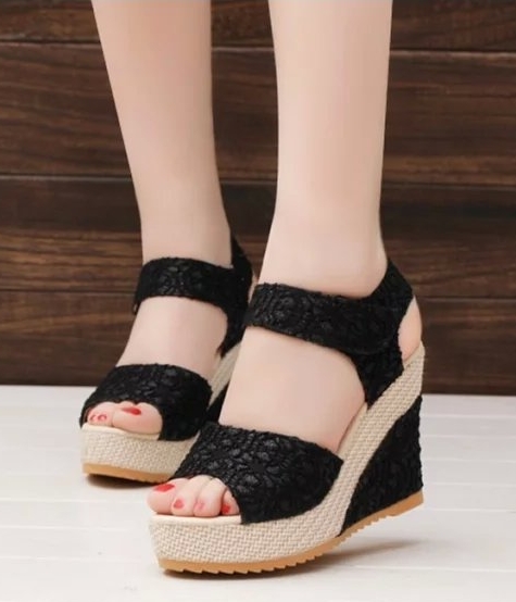 Black Velcro Heavy Bottom Lace Wedges