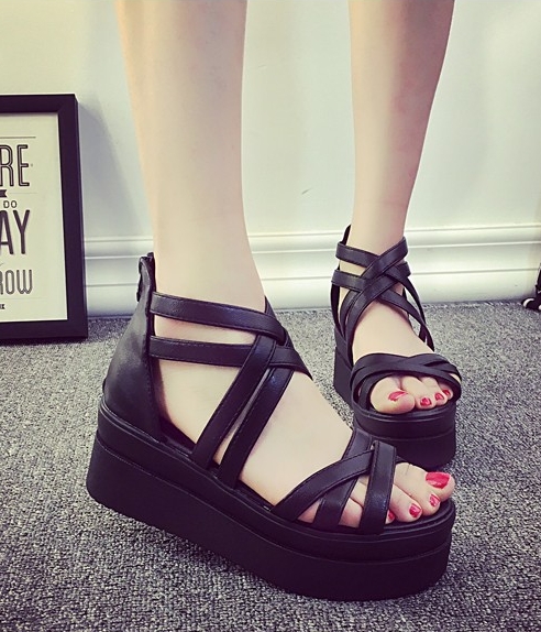 Black Roman Mid Heel Sandals Import