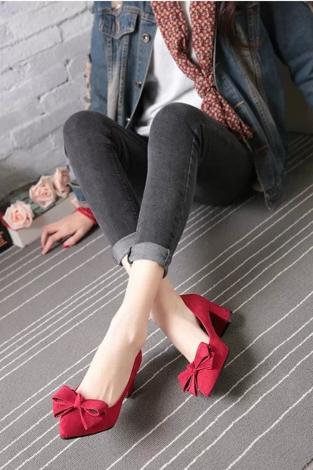 Red Korean Bow Style Party Shoes