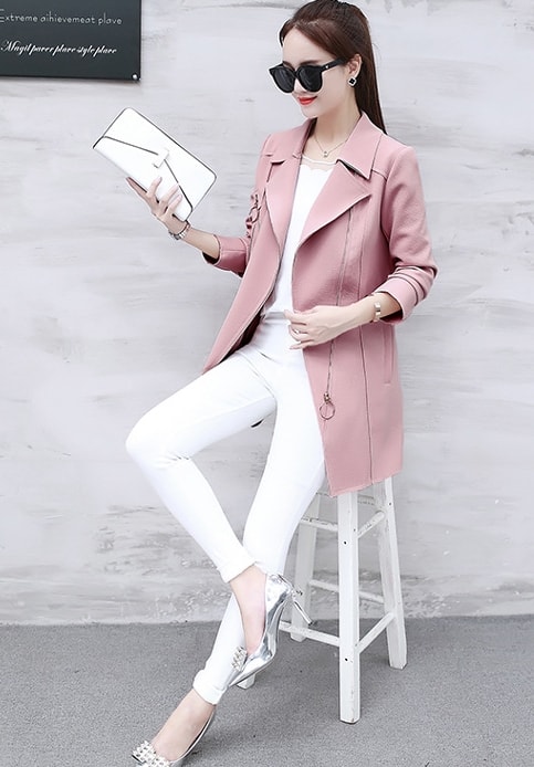 Casual Zipper Long Coat Import JC939 Pink