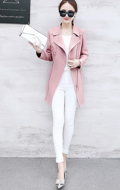 Casual Zipper Long Coat Import JC939 Pink